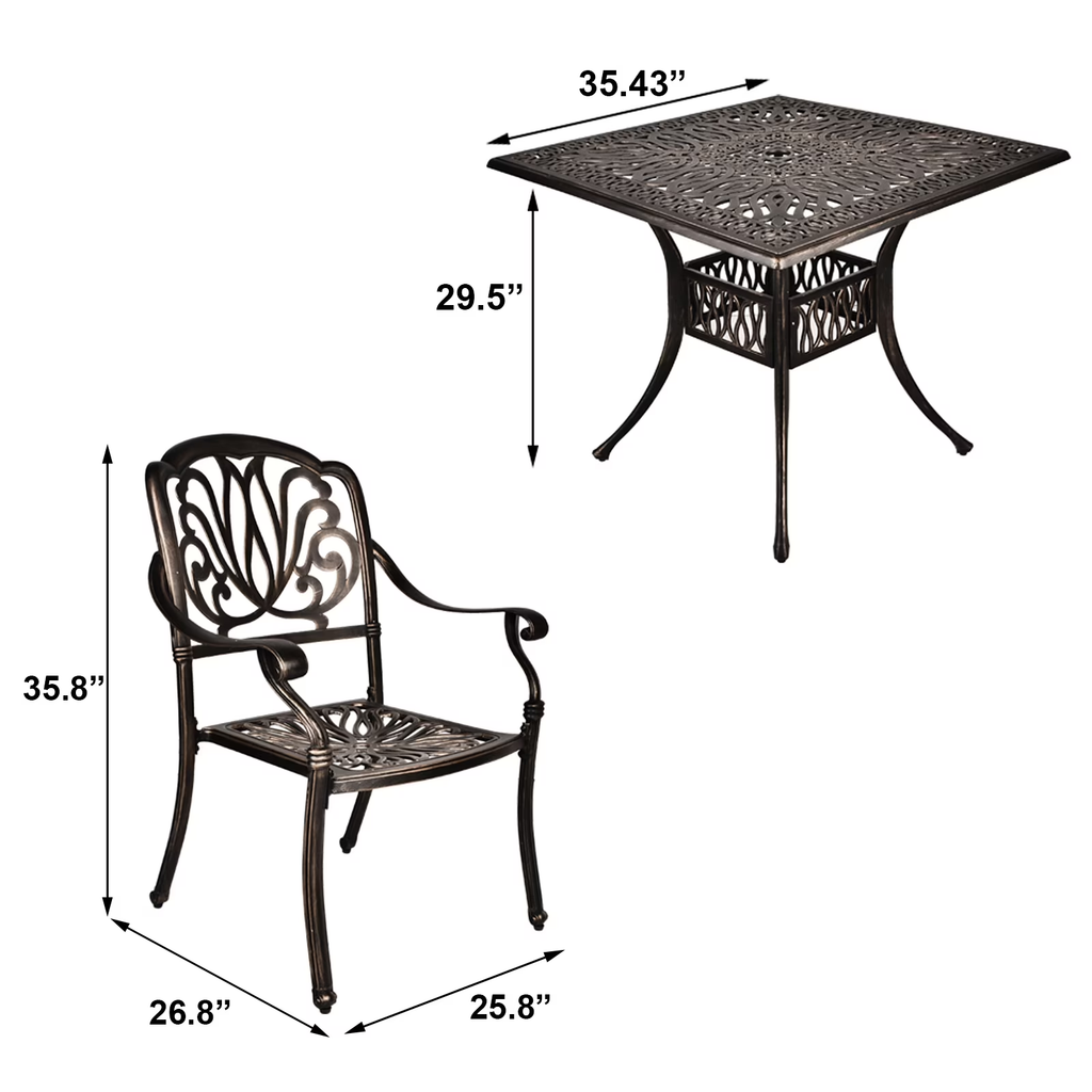 Savona bistro set dimensions — 35.43" table and 35.8" chair