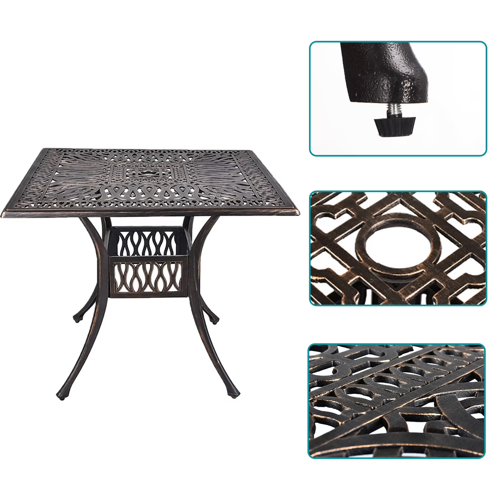 Savona cast-aluminum table with detail close-ups