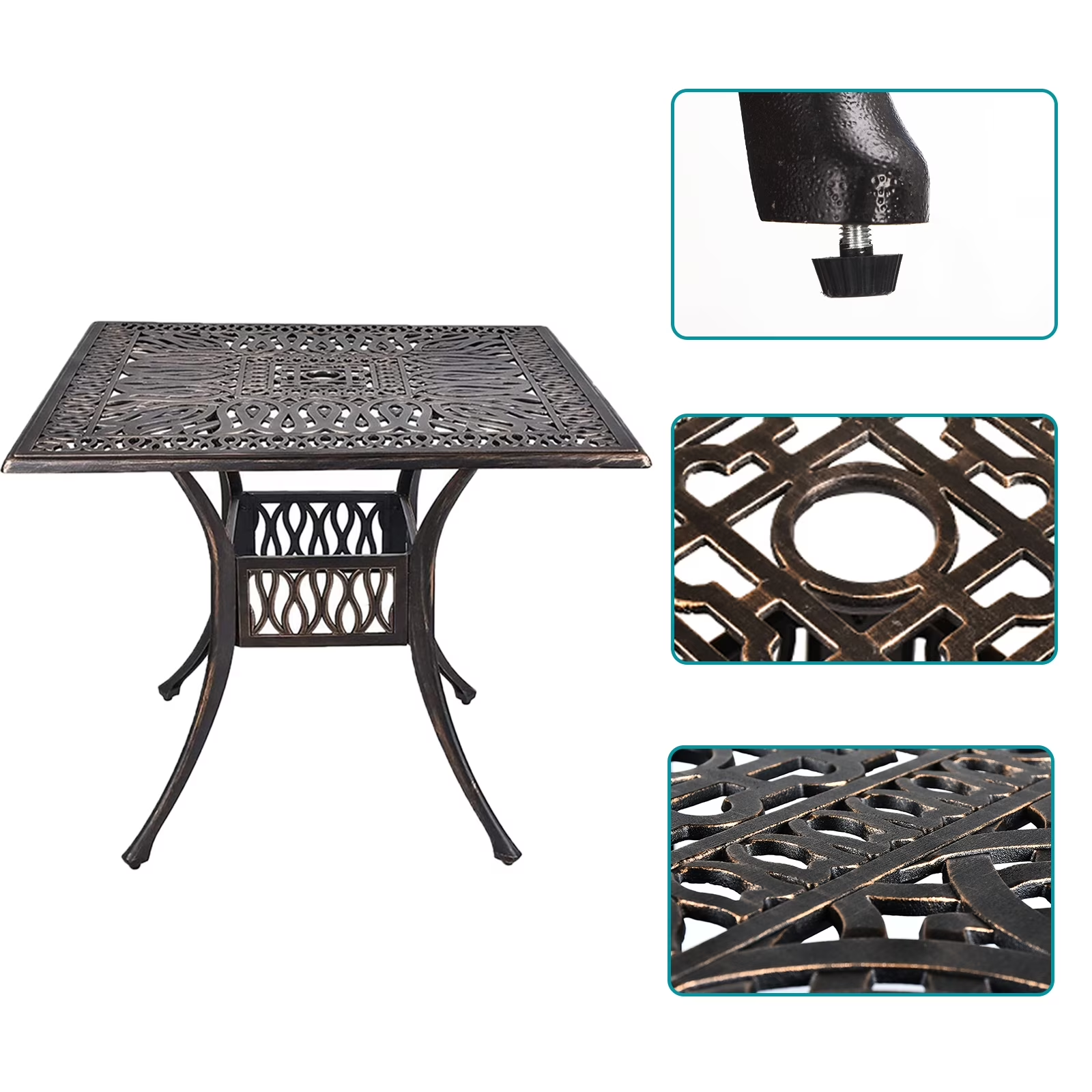 Savona cast-aluminum table with detail close-ups